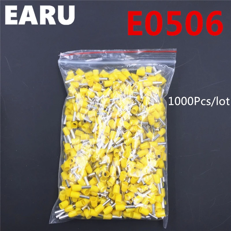 

1000Pcs E0506 Tube Insulating Insulated Terminal 0.5MM2 22AWG Cable Wire Connector Insulating Crimp E Black Yellow Blue Red