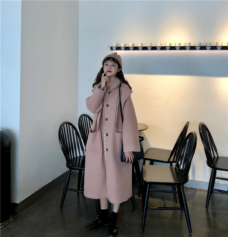 Тонкое длинное повседневное шерстяное пальто с капюшоном, одноцветное однобортное длинное пальто с длинными рукавами, модное пальто в Корейском стиле