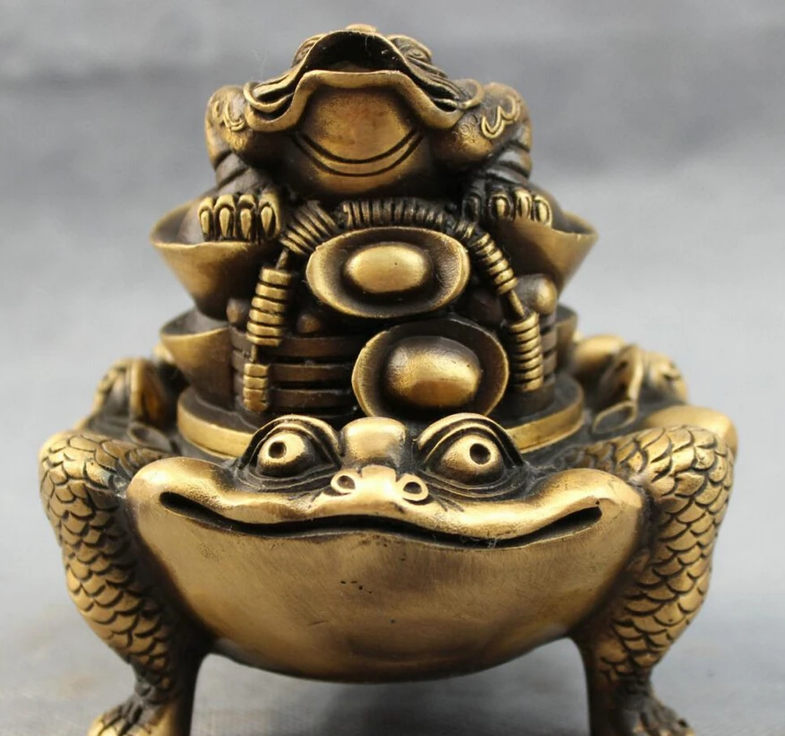 

S4417 China Bronze Wealth YuanBao Coin FengShui 3 Hoptoad Statue Incense Burner Censer D0317