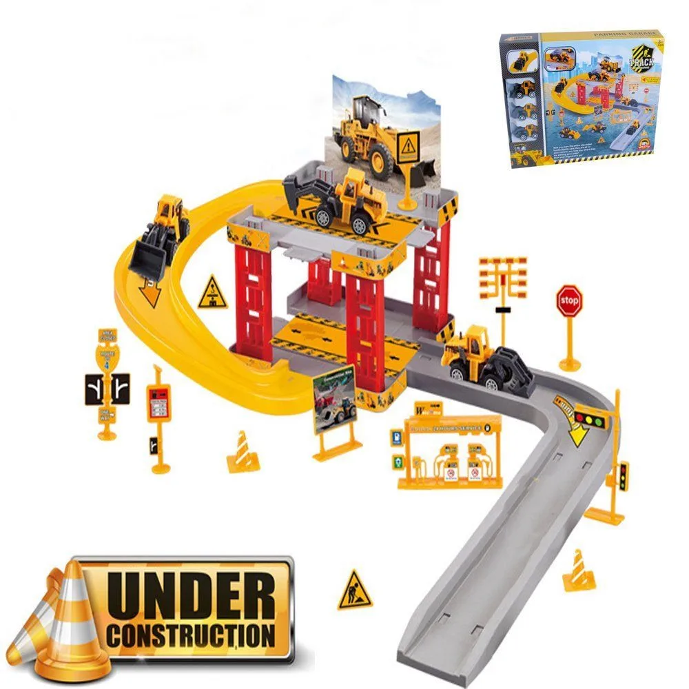 Car Track Parking Lot with 3 Engineering Vehicles Garage Construction