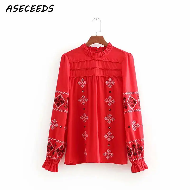 

Boho red floral embroidery ruffle blouse women shirts ladies tops korean fashion clothing long sleeve blouse streetwear