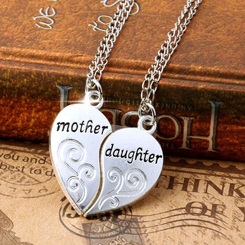 

New 2 Pcs/Set Silver Mom Mother & Daughter Love Heart Pendant Charm Chain Necklace BDJM