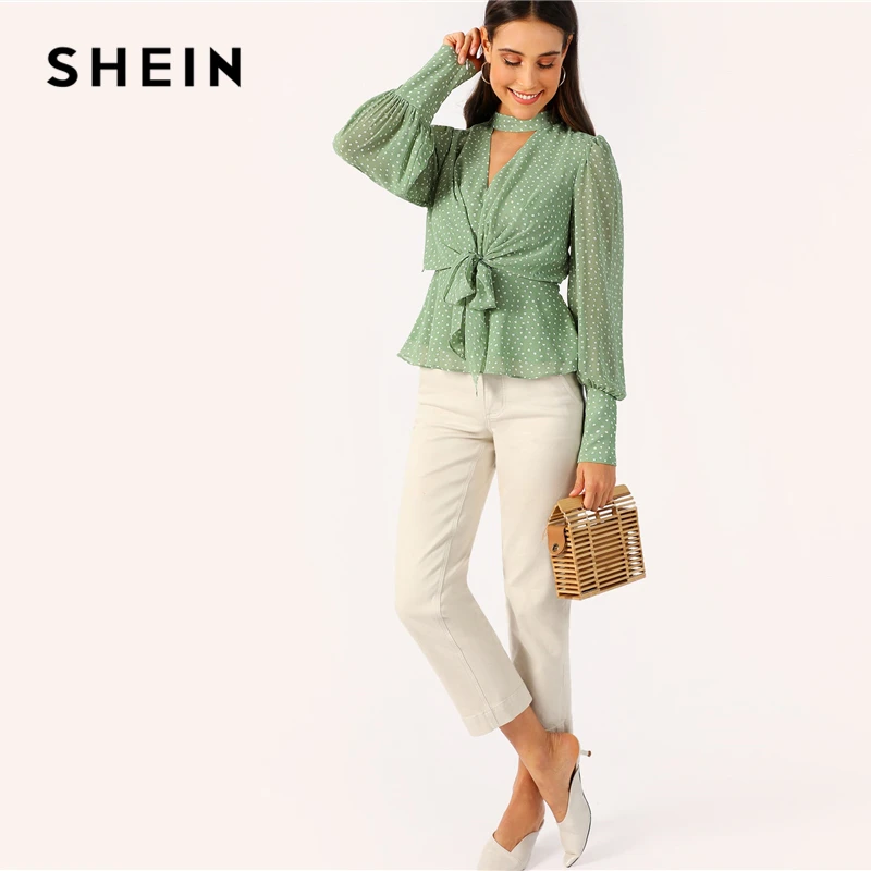 SHEIN зеленый чокер с v-образным вырезом, с узлом спереди, с рукавом Бишоп, топ с баской, блузка женская, элегантная, весенняя, винтажная, для офиса, женские блузки
