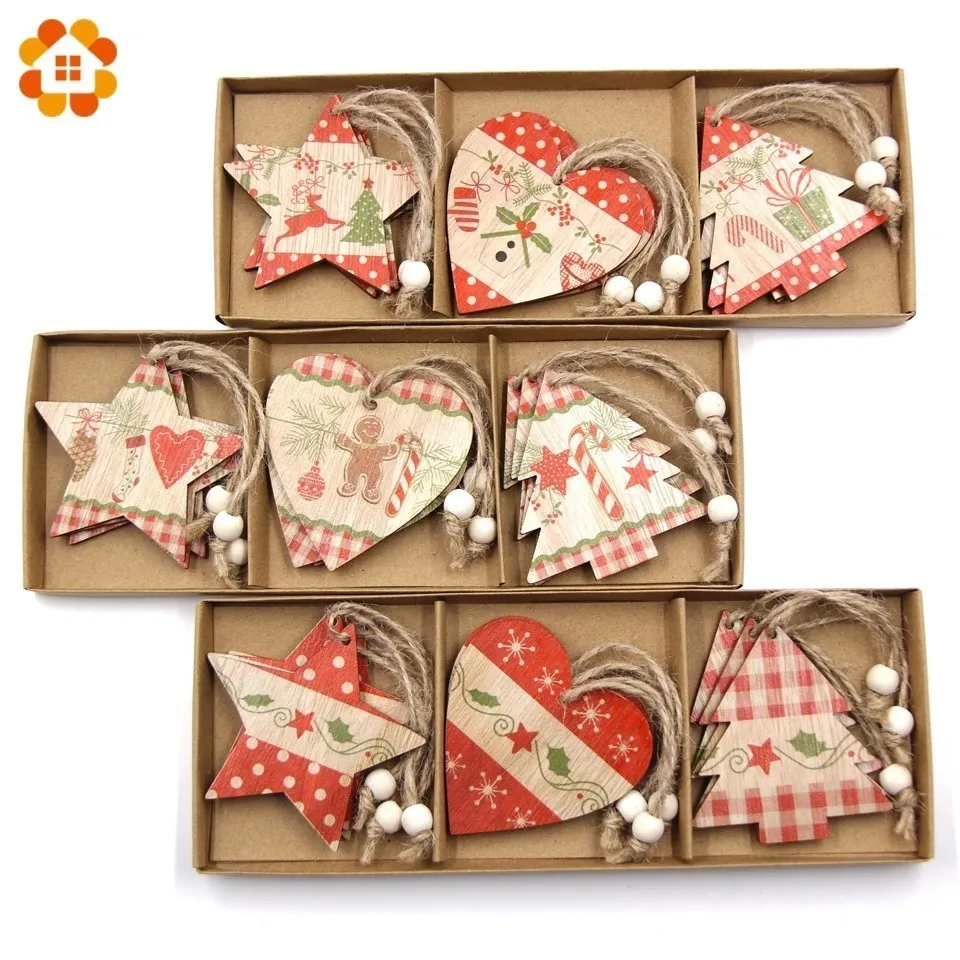 

12PCS/Box Printed Christmas Wooden Pendants Ornaments Heart&Star Wood Craft Kids Gift Christmas Party Decorations Tree Ornaments