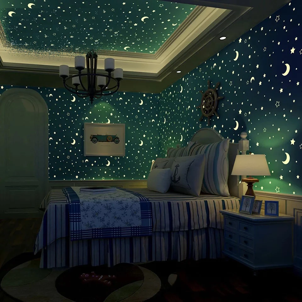 

3D stars moon warm children's room luminous non-woven wallpaper boys and girls bedroom cartoon fluorescent wallpaper