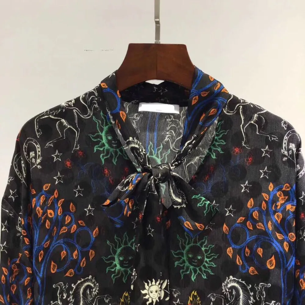 2019 Весна Новый Винтажный стиль ленты лук воротник длинный рукав абстрактный Печатный Женский шифон блузка Рубашки