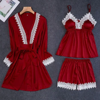 

Pink Lady 3PC Strap Top Pants Suit Pajamas Sleepwear Sets Womens Home Wear Nightgown Sexy Kimono Robe Bath Gown Nightdress M-XL