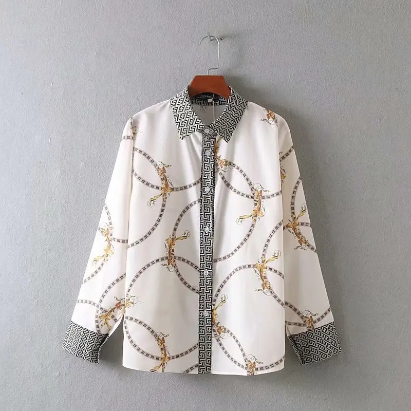 

new women vintage long sleeve patchwork printing casual business blouse shirts women turn down collar blusas chemise tops LS3535