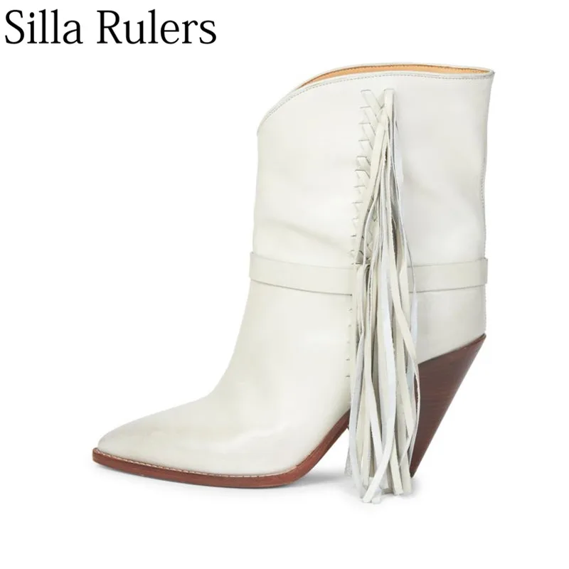 

Silla Rulers White Real Leather Fringe Ankle Boots Women Pointed Toe Spike Heels High Heels Boots For Woman Knight Boots Women