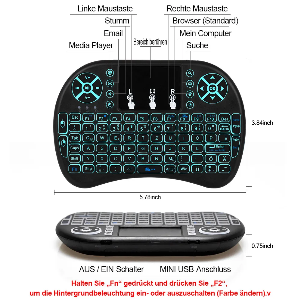 7 цветов подсветка мини-клавиатура Немецкий язык воздушная мышь 2,4 ГГц Беспроводная клавиатура для Android Smart tv и Windows компьютер