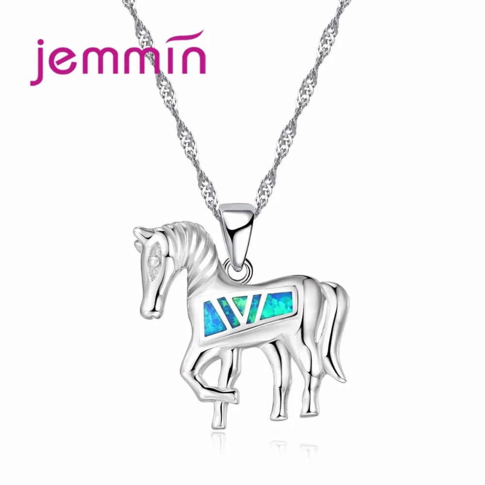 

Jemmin Lovely Horse Pendant Paved Blue Fire Opal Stones 925 Sterling Silver Necklace Chain for Women Jewelry Gift for Christmas