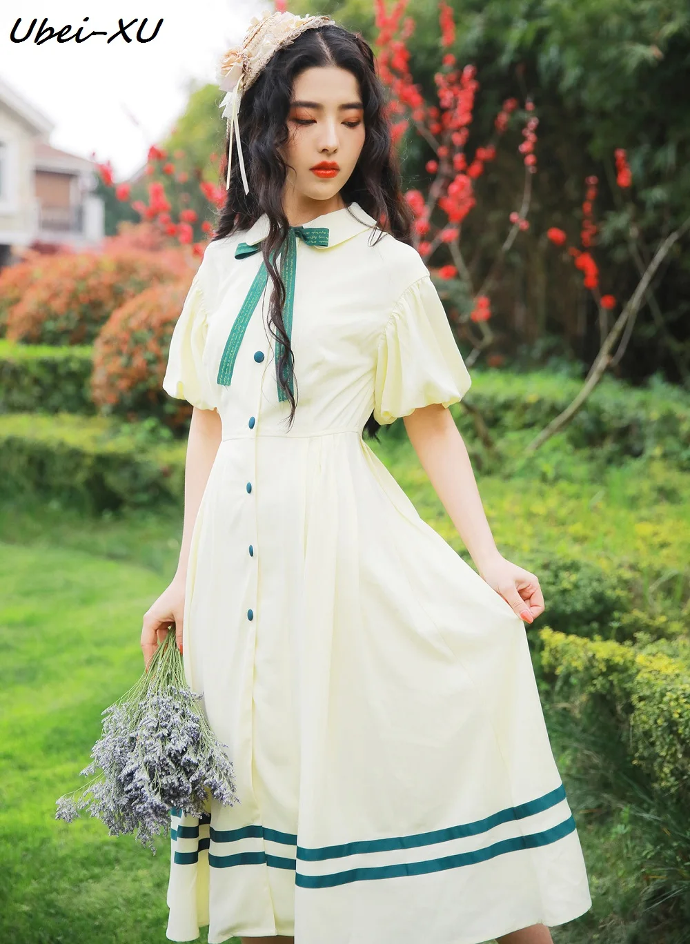 

Ubei Women summer fairy dress retro puff sleeve dress sweet female peter pan collar high waist summer dress