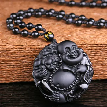 

Natural obsidian Laughing Buddha Big belly Maitreya necklace Buddha pixiu bring you Love money and security