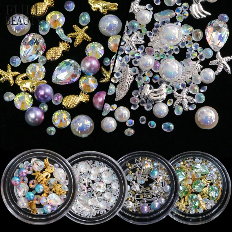 

Full Beauty Mixed Nail Art Rhinestone Pearl 3D Decorations Metal Frame Caviar Beads Studs Mermaid AB Stone Manicure Tool CH30-36