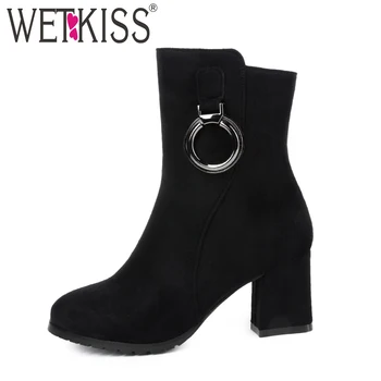 

WETKISS Plus Size 33-43 Winter High Heels Women Boot Flock Round Toe Footwear Ankle Female Boots Zip Shoes Women 2018 New Black