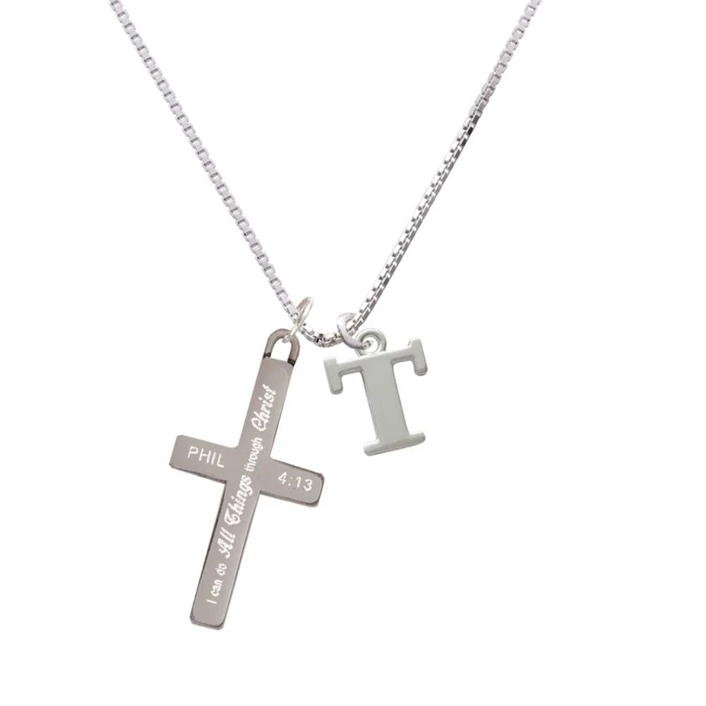 Large Initial - T - - I Can Do All Things - Cross Necklace