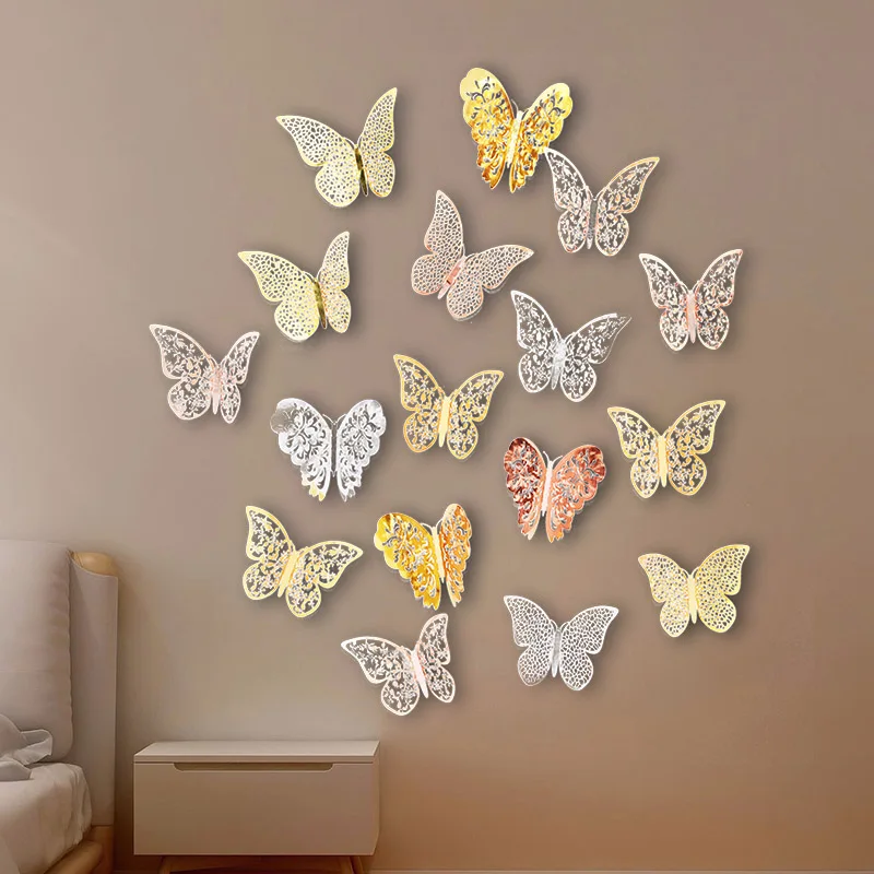 12 Pcs/Set 3D Hollow Butterflies Wall Stickers For Fridge Door Sticker 3 Sizes Silver Rose Gold Home Wedding Decor Paper Crafts