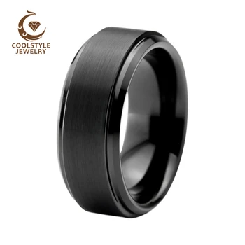 

8MM Black Wedding Ring Tungsten Carbide Ring For Men Women Stepped Beveled And Comfort Fit