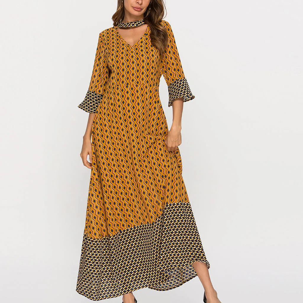 

JAYCOSIN Vintage Geometric Print Plus Summer Women Clothes Dress 2019 New Half Sleeve V-Neck Ankle-Length Dress dropshipping 426