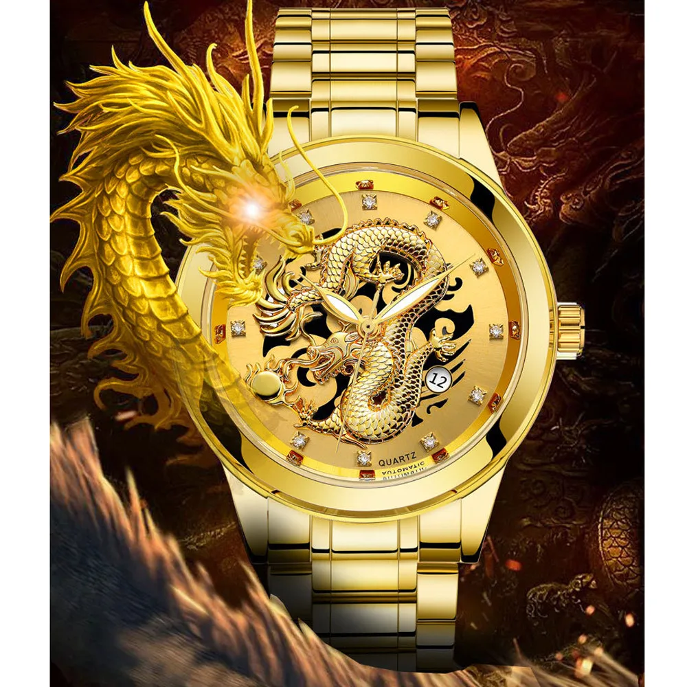 

relogio masculino Waterproof Mens Gold Dragon Sculpture Quartz Watch Luxury Men Steel Wristwatch reloj hombre erkek kol saati