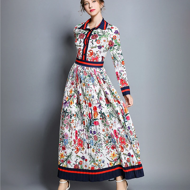 Vente Printemps femmes plissée Maxi mode nouveau 2019 automne longue fête Polo cou fleur pleine manches Floral imprimé robe robe Vintage