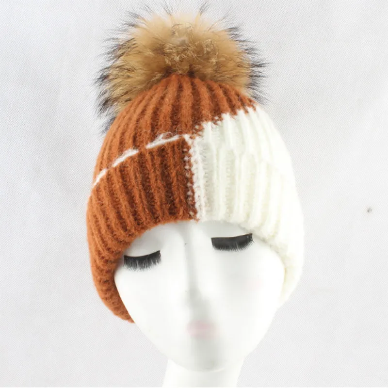 Семейная плотная теплая шерстяная шапка Skullies, Лоскутная шерстяная зимняя шапка, женская шапка из натурального меха енота с помпонами для женщин и девочек