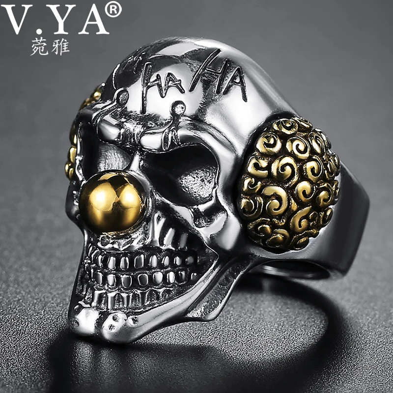  V.YA Punk Silver Clown Skull Rings 925 Sterling Silver Male Ring Adjustable Mens Jewelry Gothic Sty
