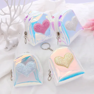 Random Color Flash Heart Coin Purse Laser Small Bag Holographic Women PVC Clear Handbag Girl Card Holder For Kids Purse Keychain - Цвет: Random Color