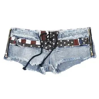 

New Summer Womens Denim Shorts Sexy Flag Print Low Waist Lace-Up Double Sides Zippers Jeans Fashion Raw Edge Ultra Shorts D76