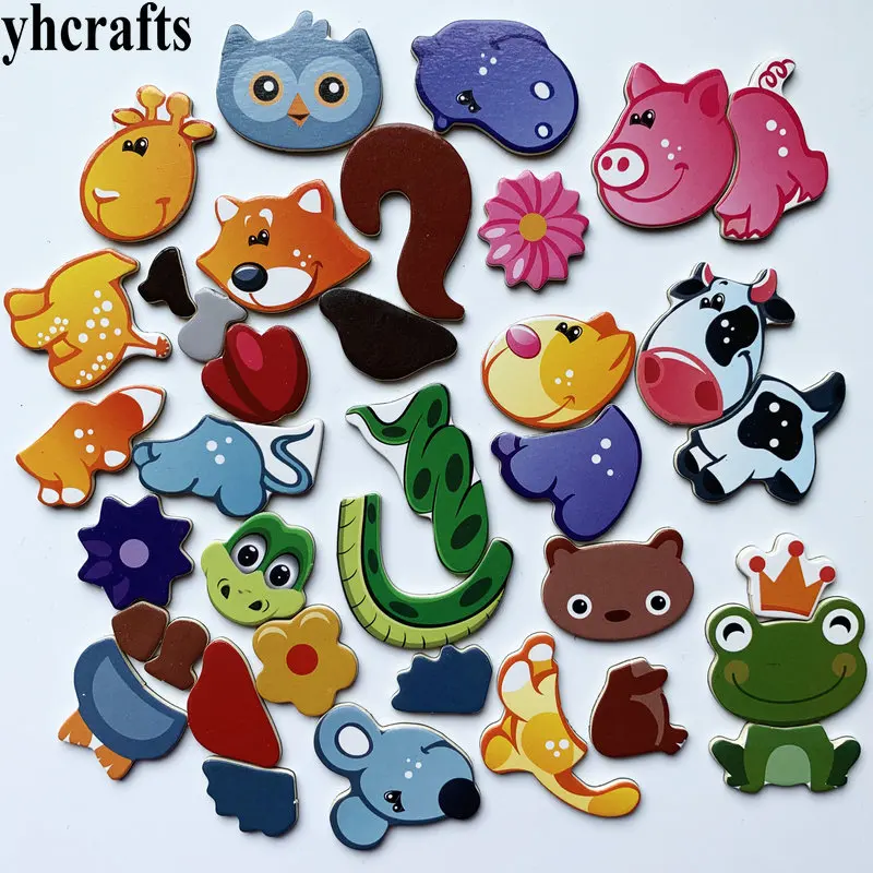 

1SET(18PCS) Snake Cow frog Owl mouse squirrel animals puzzle fridge magnet Magnetic puzzle Early learning Educational toys OEM
