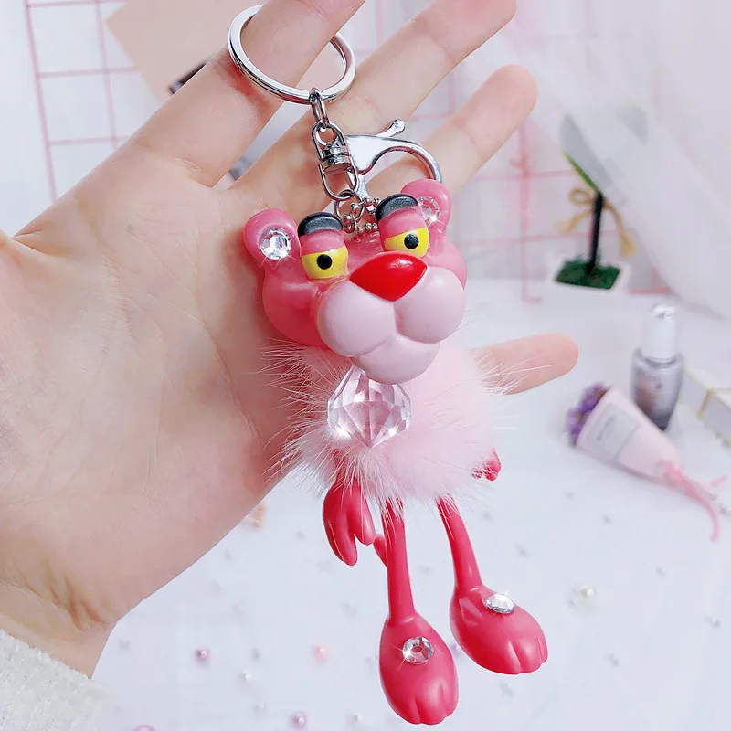 

Cute Cartoon Crystal Animal Pink Panther Keychain Creative Mane PVC Key Chain Ring Women Bag Key Pendant