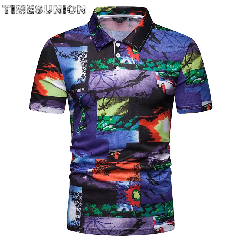 

Summer Cotton Man Polo Shirt Men Short Sleeve Sunny beach print Gradient Casual Mens Shirts Camisa Polo Mens Polos