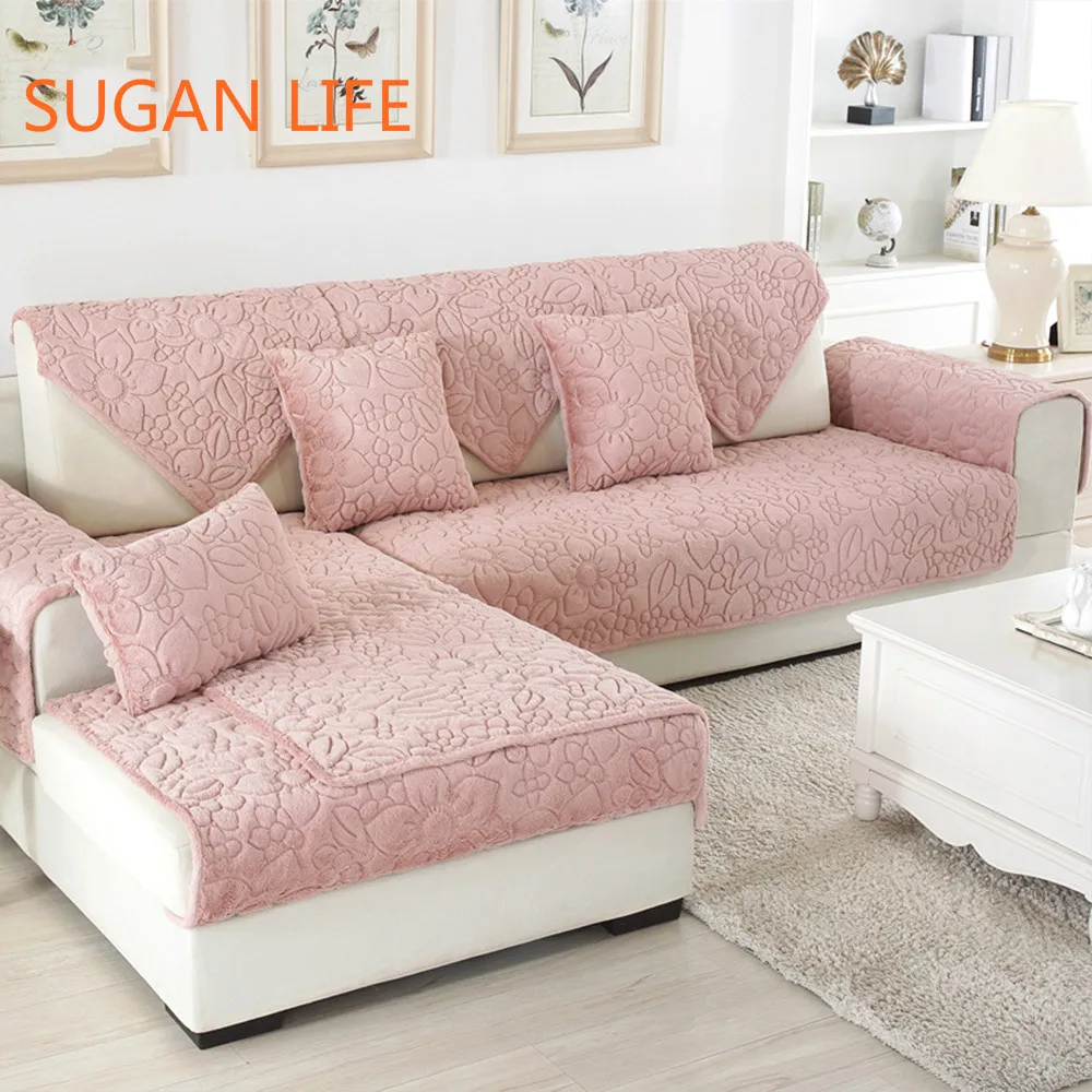 

Green pink floral quilted sofa cover winter plush long fur slipcover fundas de sofa sectional couch covers fundas de sofa S-290