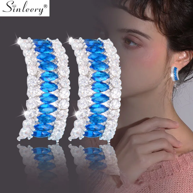 

SINLEERY Dazzling CZ Stones Pink Blue Zircon Earrings Women AAA Cubic Zirconia Stud Earring CZ026 SSH