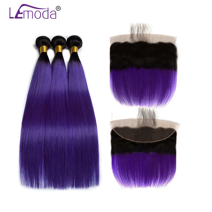 Ombre 3 Bundles With Frontal Brazilian Straight Human Hair Bundles With Closure Color 1BPurple LeModa Remy Hair Extension (5)