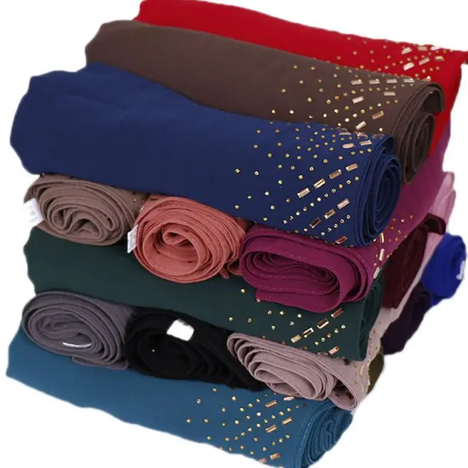 

10pcs Long Scarves Gold Rhinestone Pearl Chiffon Muslim Hijab Turban Arab Women Shawl Wraps Headband Bufandas Sjaal 180*75cm
