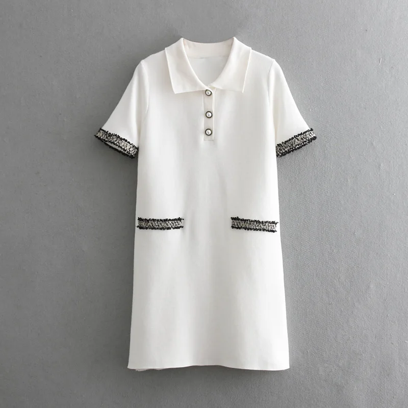 

Ribbed Knit Turn-down Collar Dress 2019 Summer Pearl Button Tassel Appliques Straight Mini Dress Women