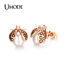 UMODE Ladybug Shaped Stud Earrings Rose Gold Plated Double Sides Simulated Pearl Earrings For Women Luxury Jewelry AJE0015