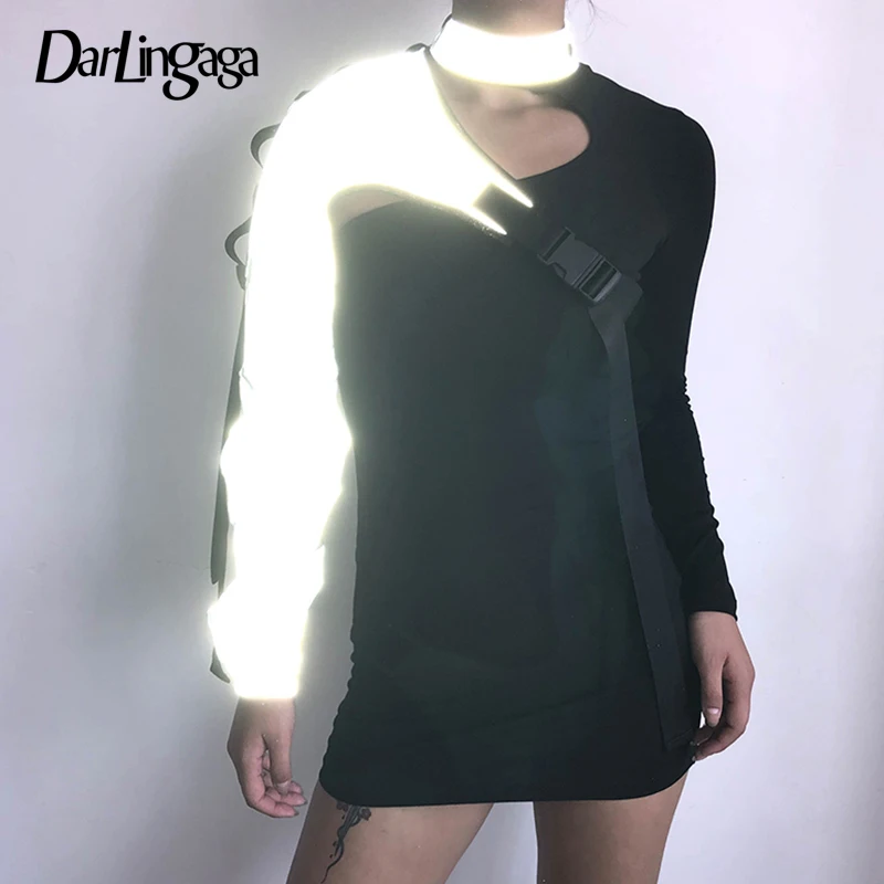 

Darlingaga Choker Halter Reflective Sweatshirt Women Streetwear Smock Hoodie Holographic Buckle One Shoulder Sweatshirts Outwear