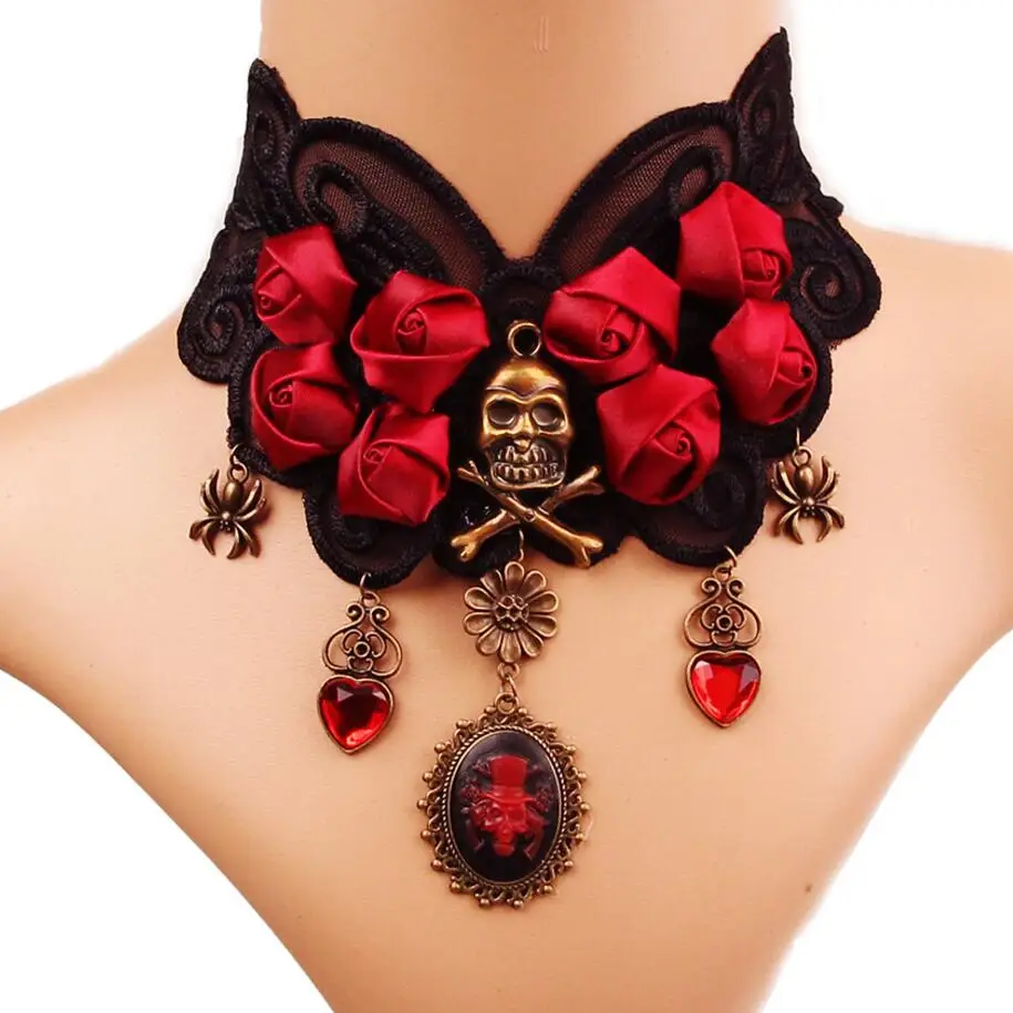 

Punk Gothic Style Red Roses and Skull Vintage Large Lace Choker Halloween Accessory