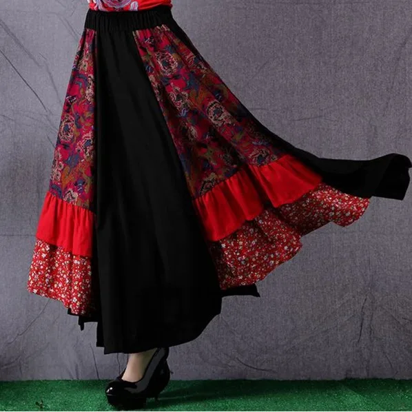 Women Skirt Linen Cotton Maxi Skirt Plus Size Women Clothing Floral Print Long Skirt Patchwork High Waist Pleated Skirt Big Hem