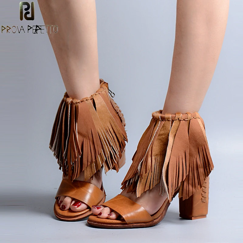 

Prova Perfetto Fashion Spell Colors Fringes Summer Sandals Feminino Square High Heel Peep Toe Concise Gladiator Sandals Women