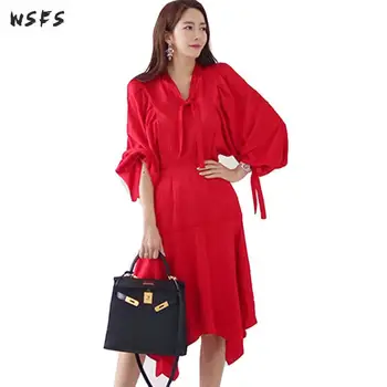 

Summer Asymmetrical Dresses Vneck Long Lantern Sleeve Red Black Womens Dress 2019 Sexy Party Casual Office Ladies Midi Dress