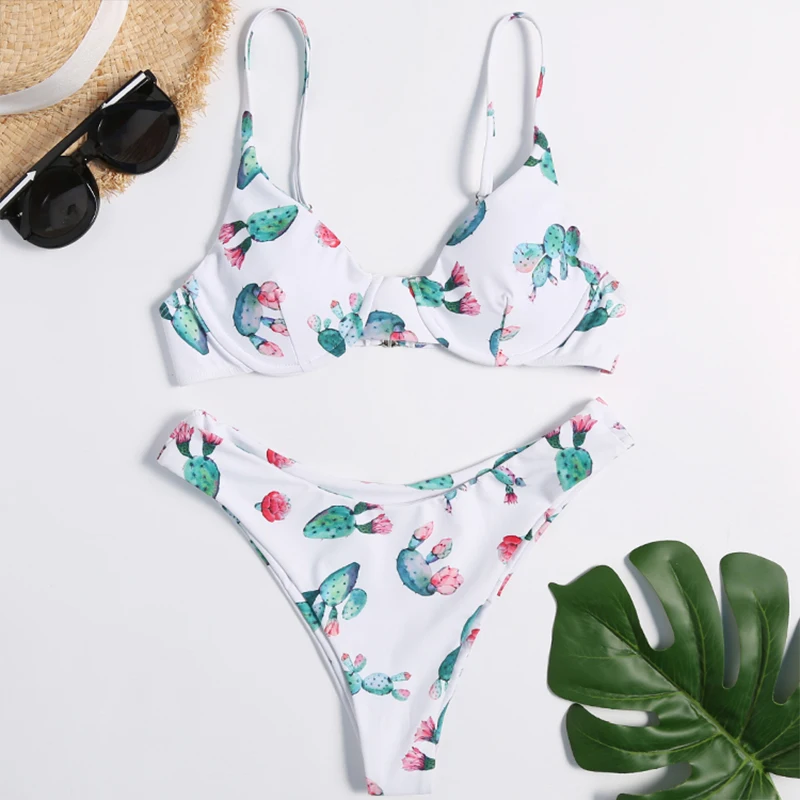 

Cactus Underwired Rims Bikini Low Waist Plus Szie White Brazilian Biquini Bathsuit High Leg Retro Fitness Bikini Women Swimwear