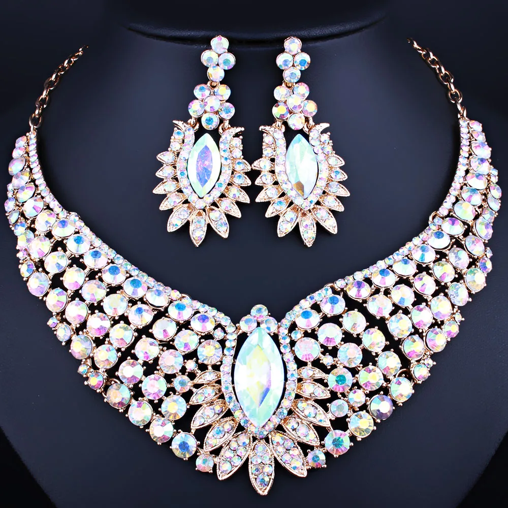Luxury jewelry gold plated necklace and earrings set with full AB