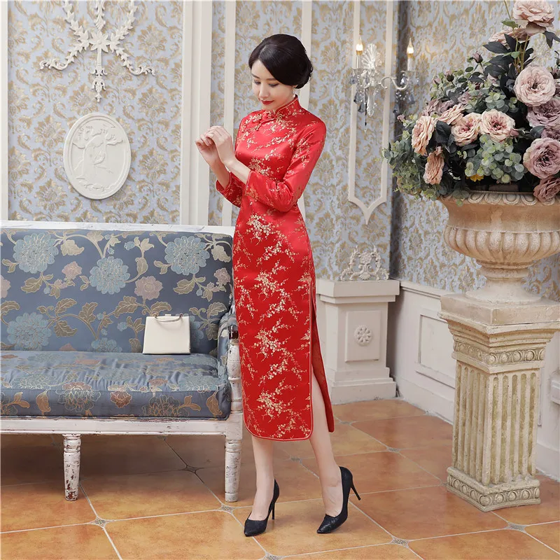 Шанхай история Китайская традиционная одежда китайский стиль платья Cheongsam с длинным рукавом красный Qipao для Для женщин