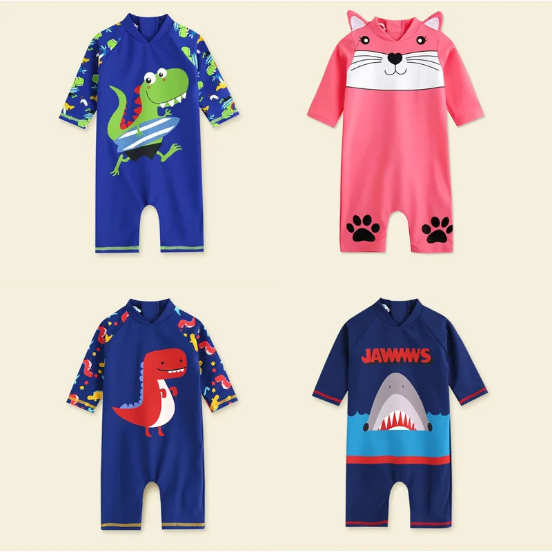 

5 Styles Summer Baby Boys Girls One-Piece Swimsuit Dinosaur Cat Print Children's Swimwear Bathing Suits for Aged 1-8 Kids