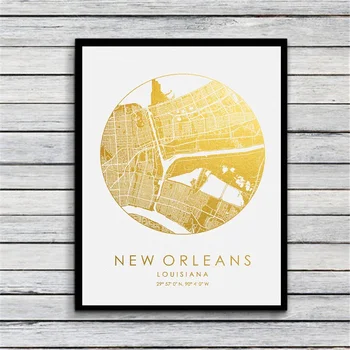 

USA Colored and Gold City Maps New Orleans Louisiana Canvas Poster Wall Pictures for Living Room No Frame