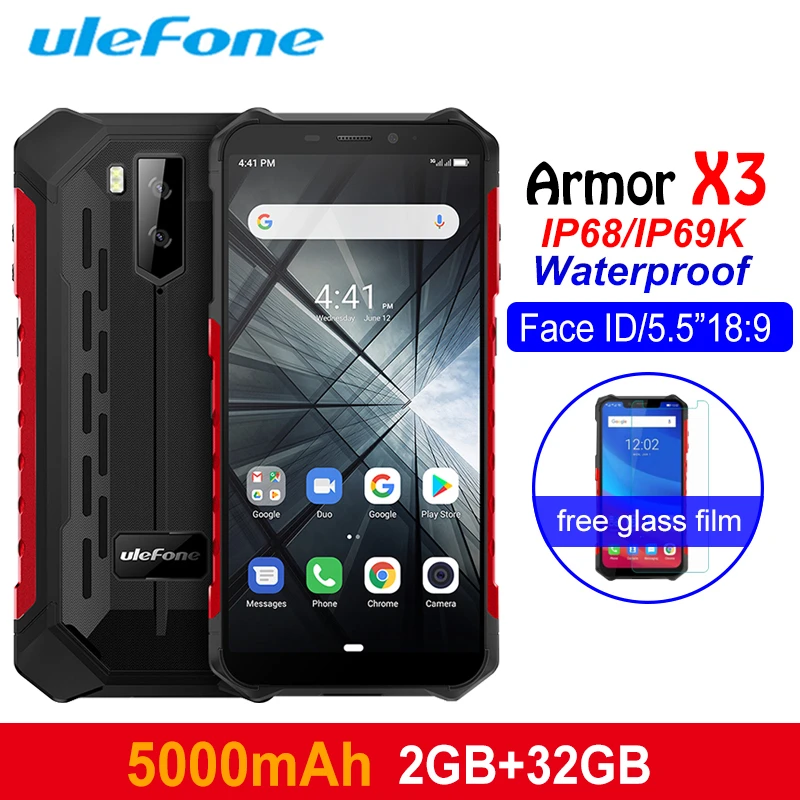 Ulefone Armor X3 прочный водонепроницаемый смартфон 5,5 дюймов Android 9,0 MT6580 2 ГБ 32 ГБ Face ID 8MP 5000 мАч 3g открытый мобильный телефон