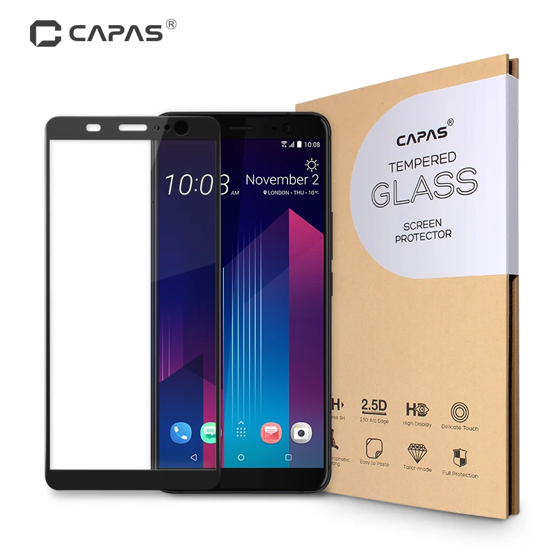

CAPAS Brand for HTC U11 Plus Tempered Glass Screen Protector Almost Full Cover Protective Film Explosion Scratch LCD Guard Black